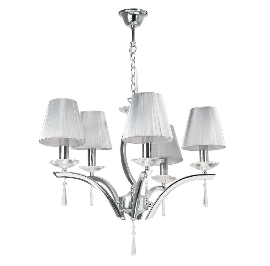 Sospensione 5 luci in metallo cromato cristalli K9 paralumi tessuto silver 5XE14 non incl. ORCHESTRA Sospensione 5 luci in metallo cromato cristalli K9 paralumi tessuto silver 5XE14 non incl. ORCHESTRA